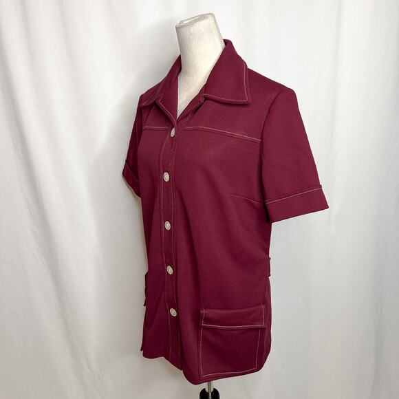 Vintage 70s Leisure Shirt Jacket Maroon Short Sleeve Accent Stitch Dagger Collar - Picture 7 of 7